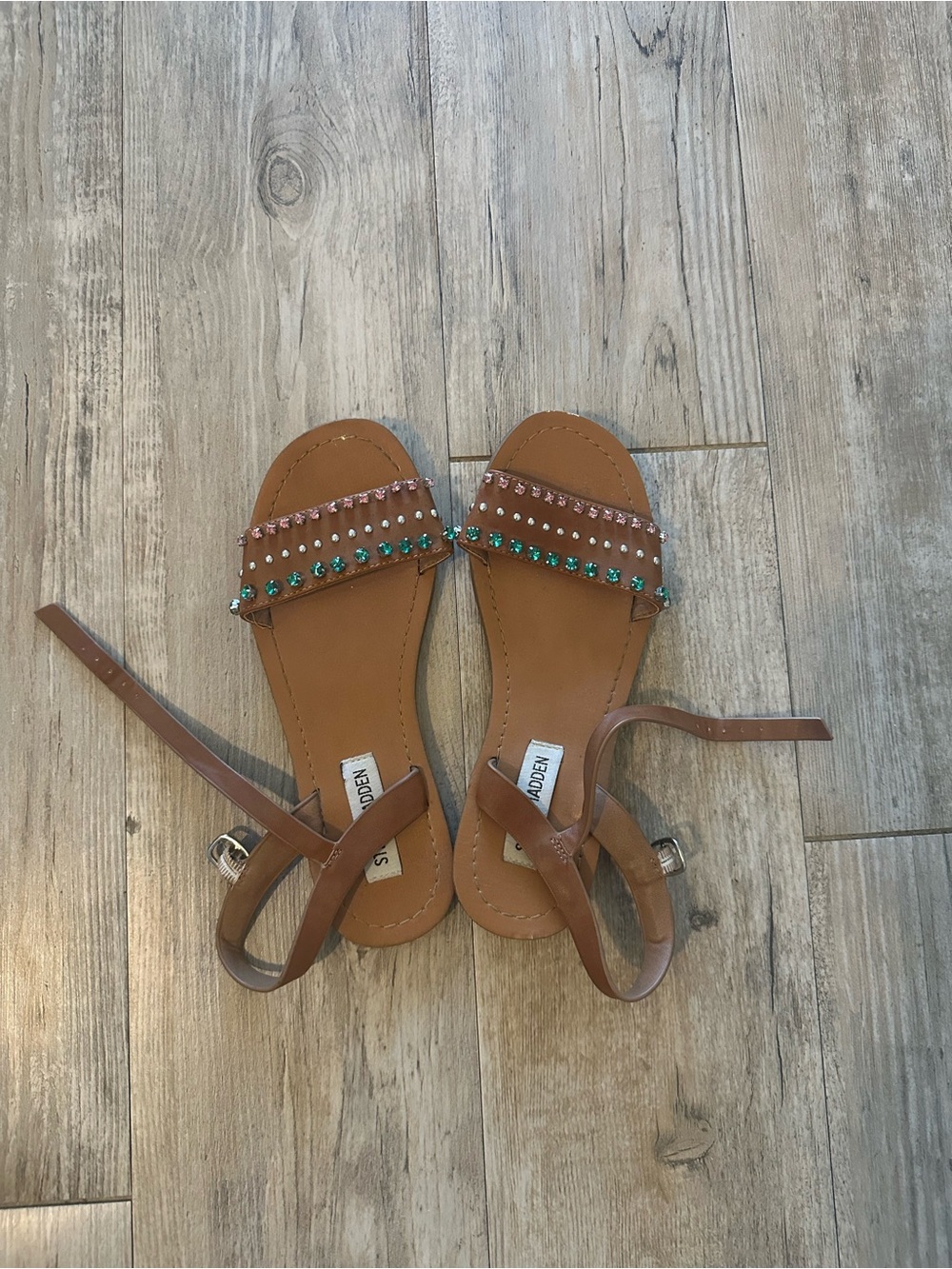 Steve Madden Tan Sandals with Pink and Green Gem Accents
